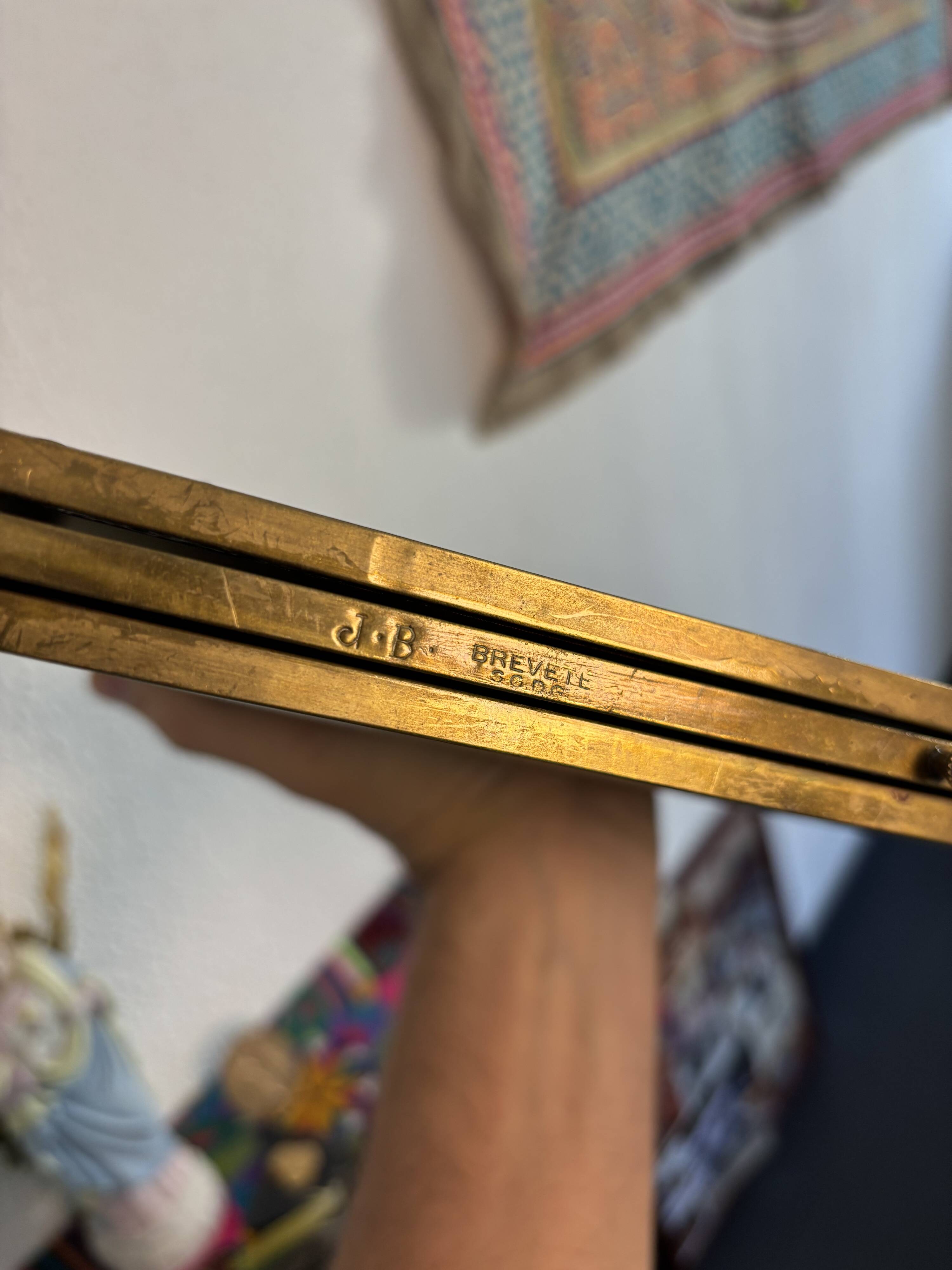 Vintage 1900s triptych barber mirror JB gilt burgundy - 30 x 67 cm