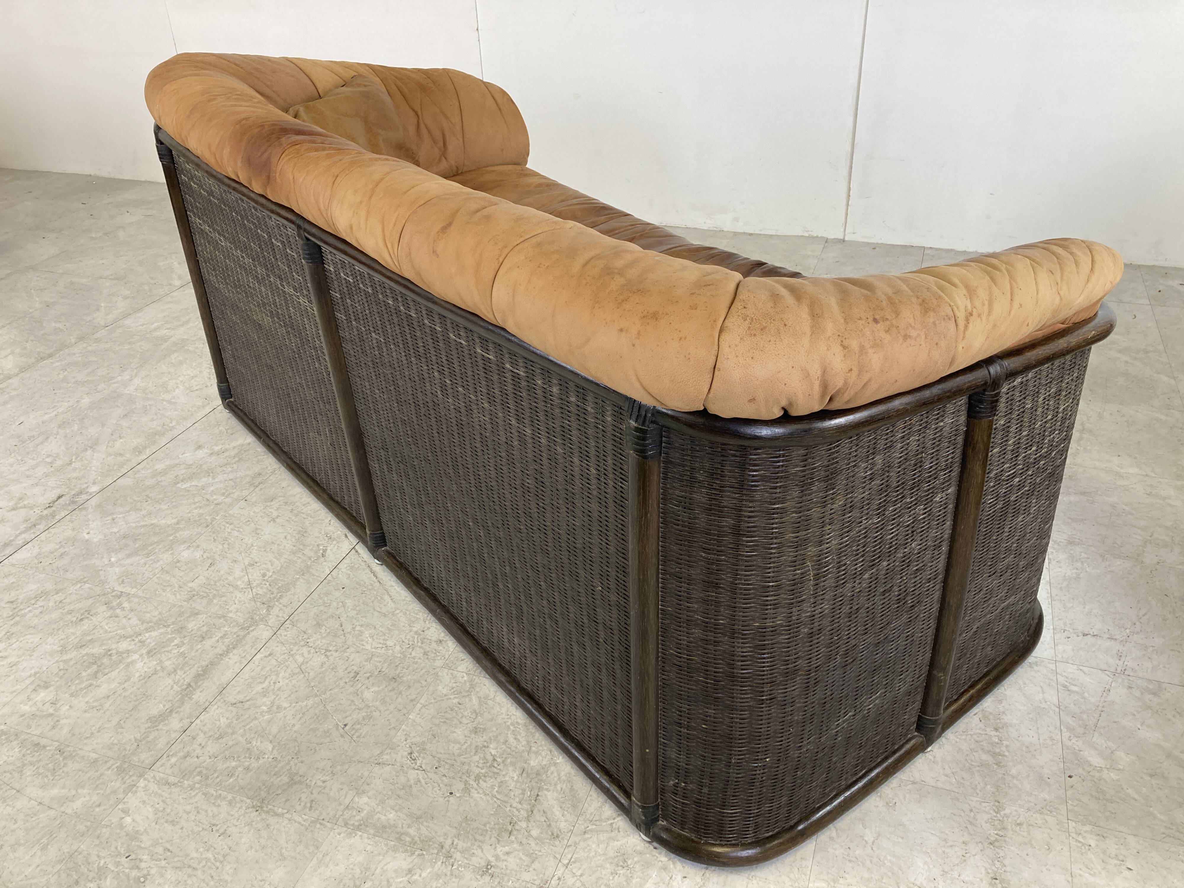 Vintage wicker and leather sofa set 1960s