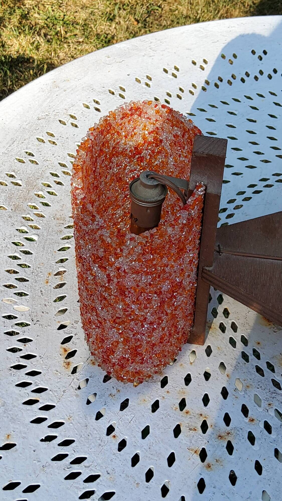 70s Scandinavian style chandelier in wood and orange granite resin 3 lights