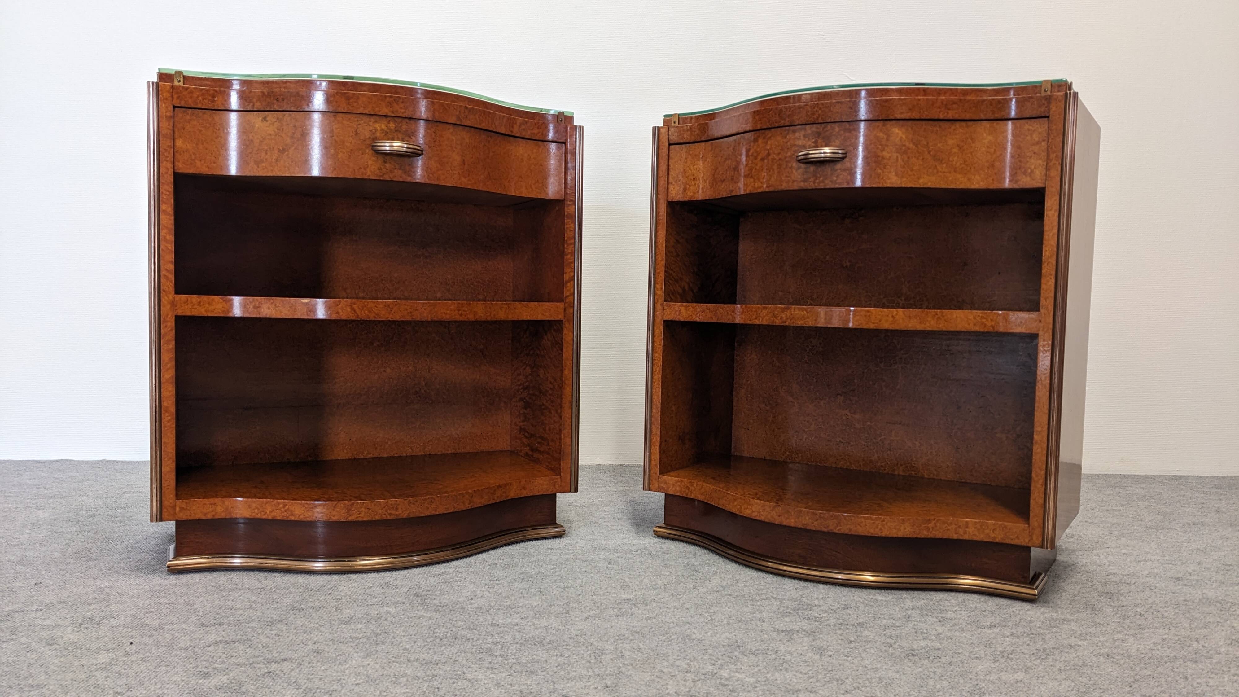 Pair of Art Deco amboyna burl bedside tables circa 1920