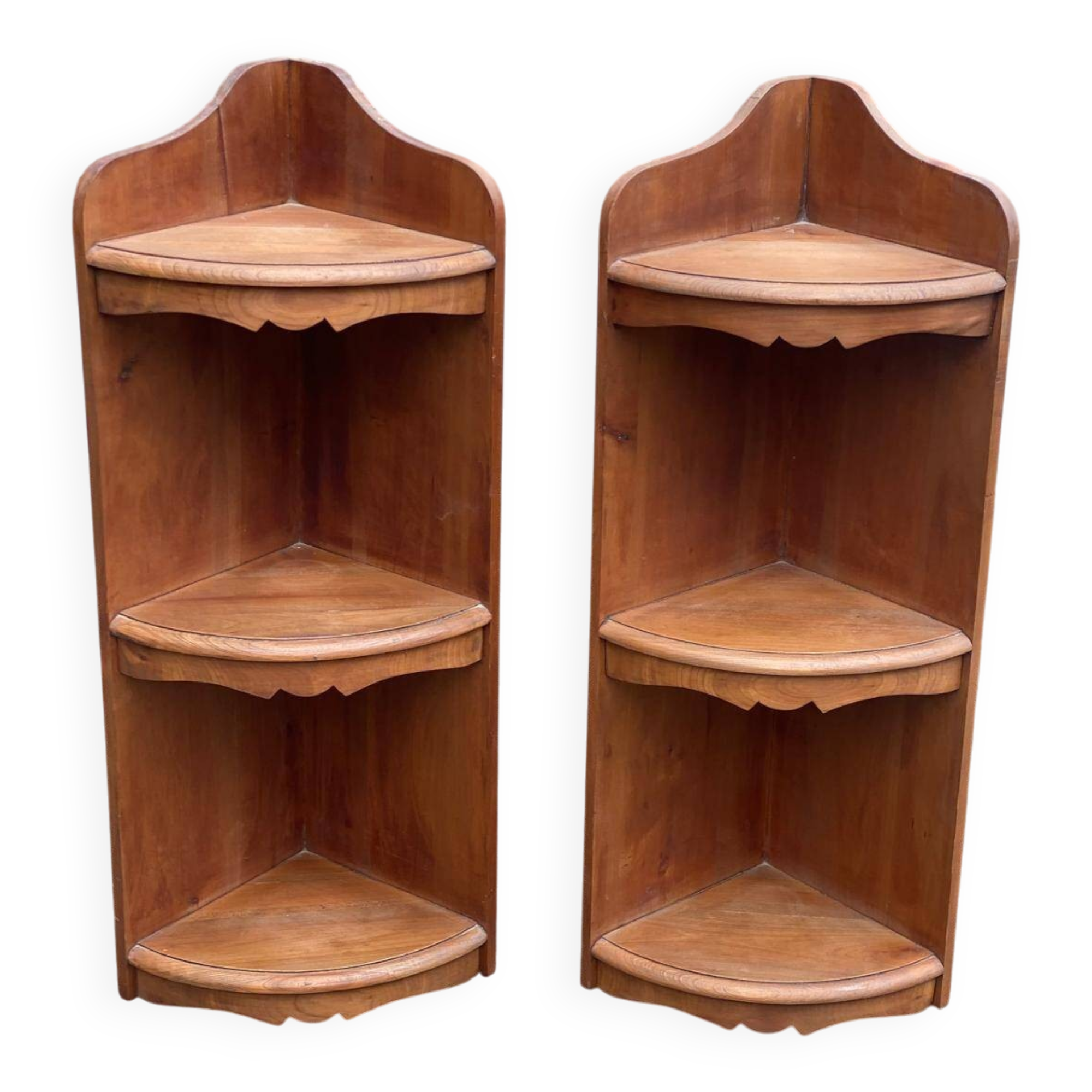 Pair of 19th-century solid wood corner wall shelves.