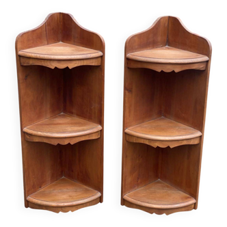 Pair of 19th-century solid wood corner wall shelves.