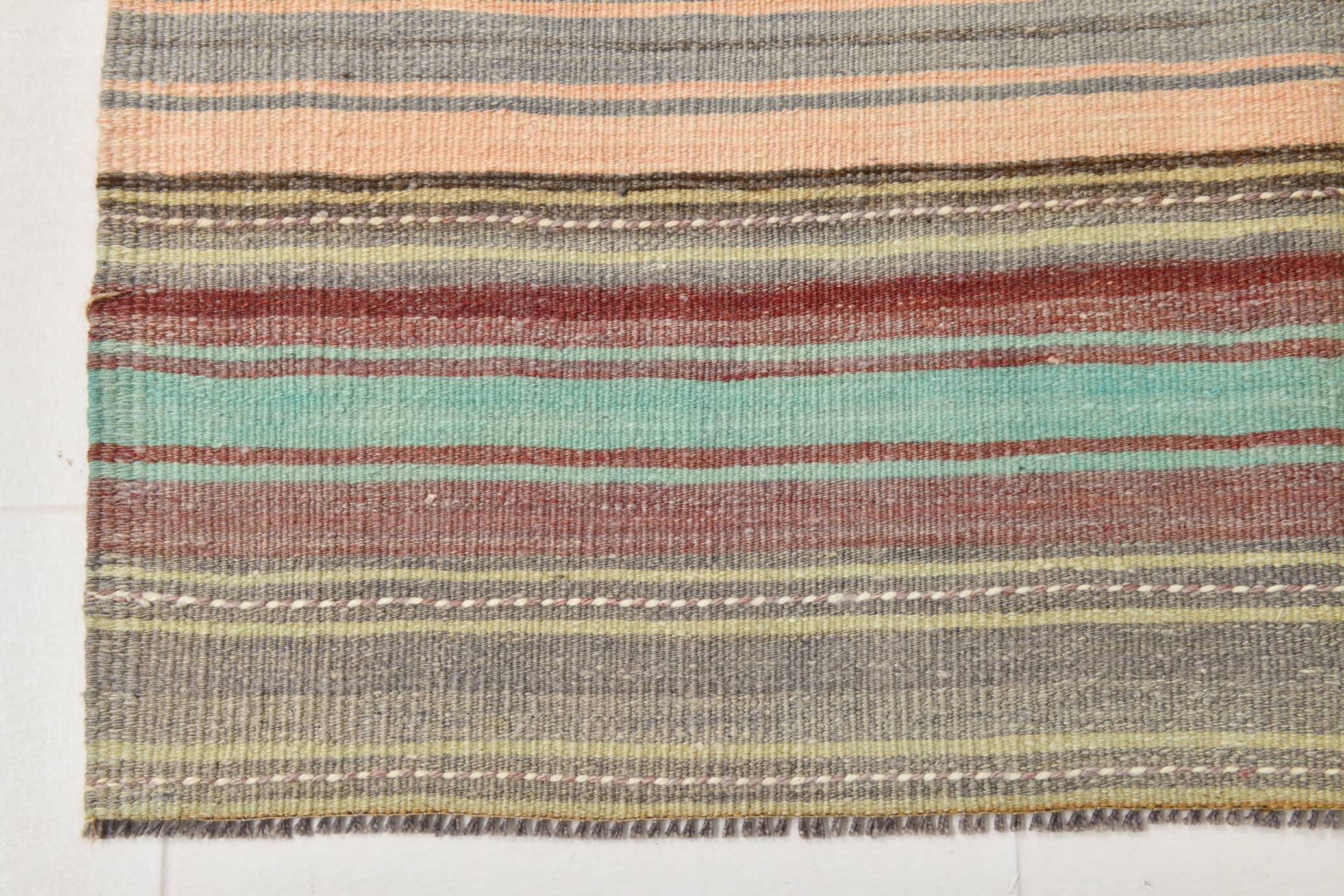 4x7 Pale Orange & Mint Green Striped Wool Kilim Rug, Washable Rug,126x210Cm
