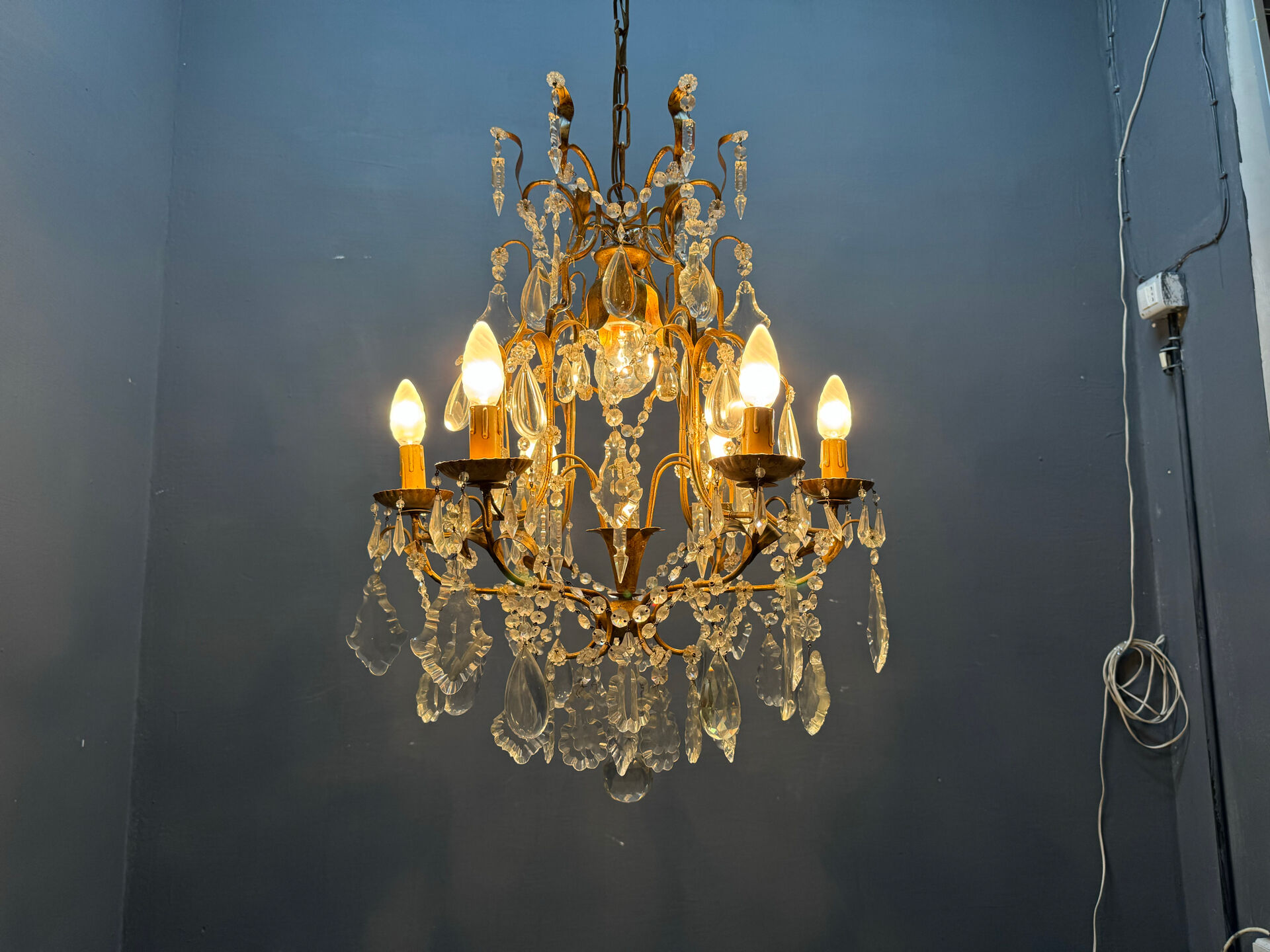 Large Gilded Florentine Tole and Crystal Chandelier, 1950s