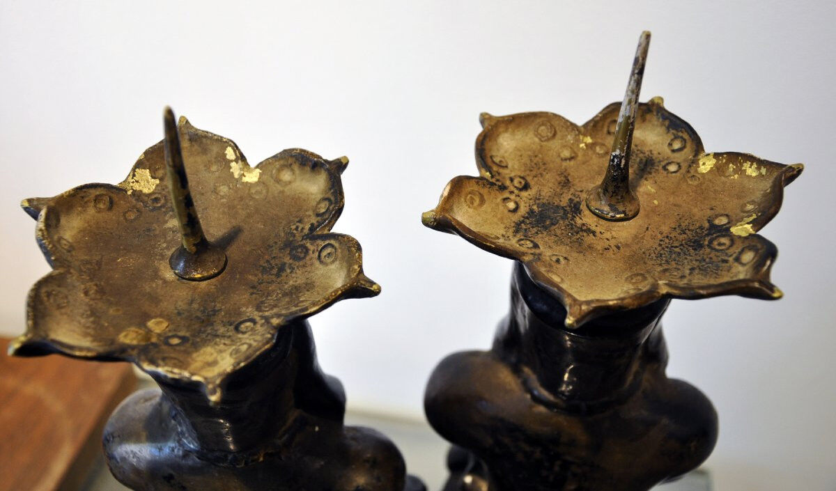 Pair of Mexican Pre-Columbian Style Bronze Candlesticks, 20th Century