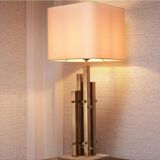 Pair of modern table lamps, vintage brass finish, travertine base.