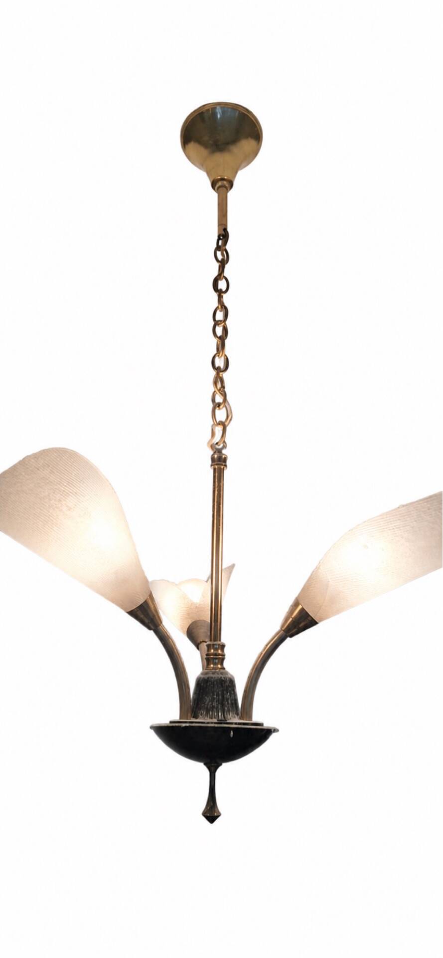 Vintage Mid-Century brass three-arm chandelier with frosted glass tulips.