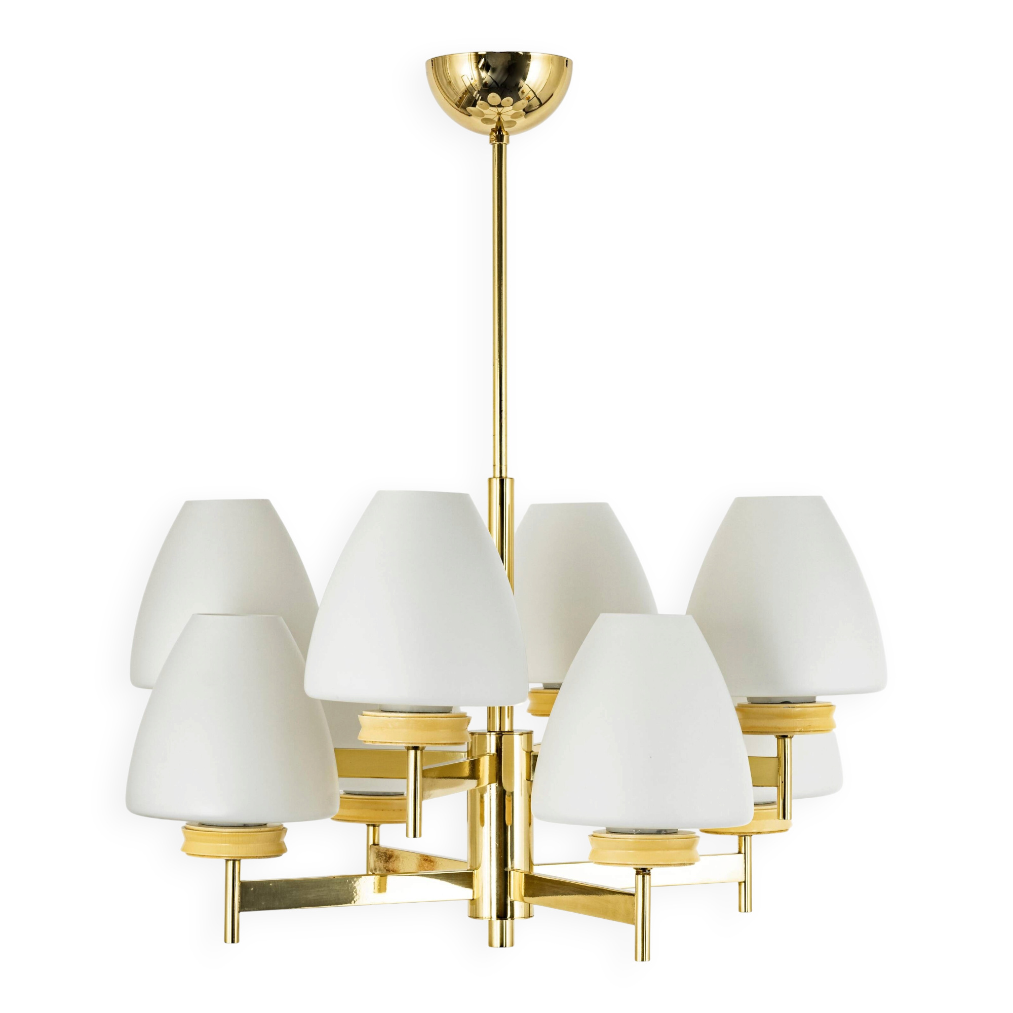 Sputnik chandelier with opaline glass by Kaiser, Germany, 1970s.
