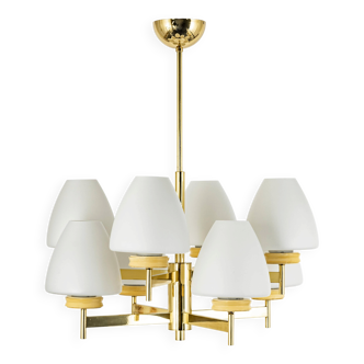 Sputnik chandelier with opaline glass by Kaiser, Germany, 1970s.