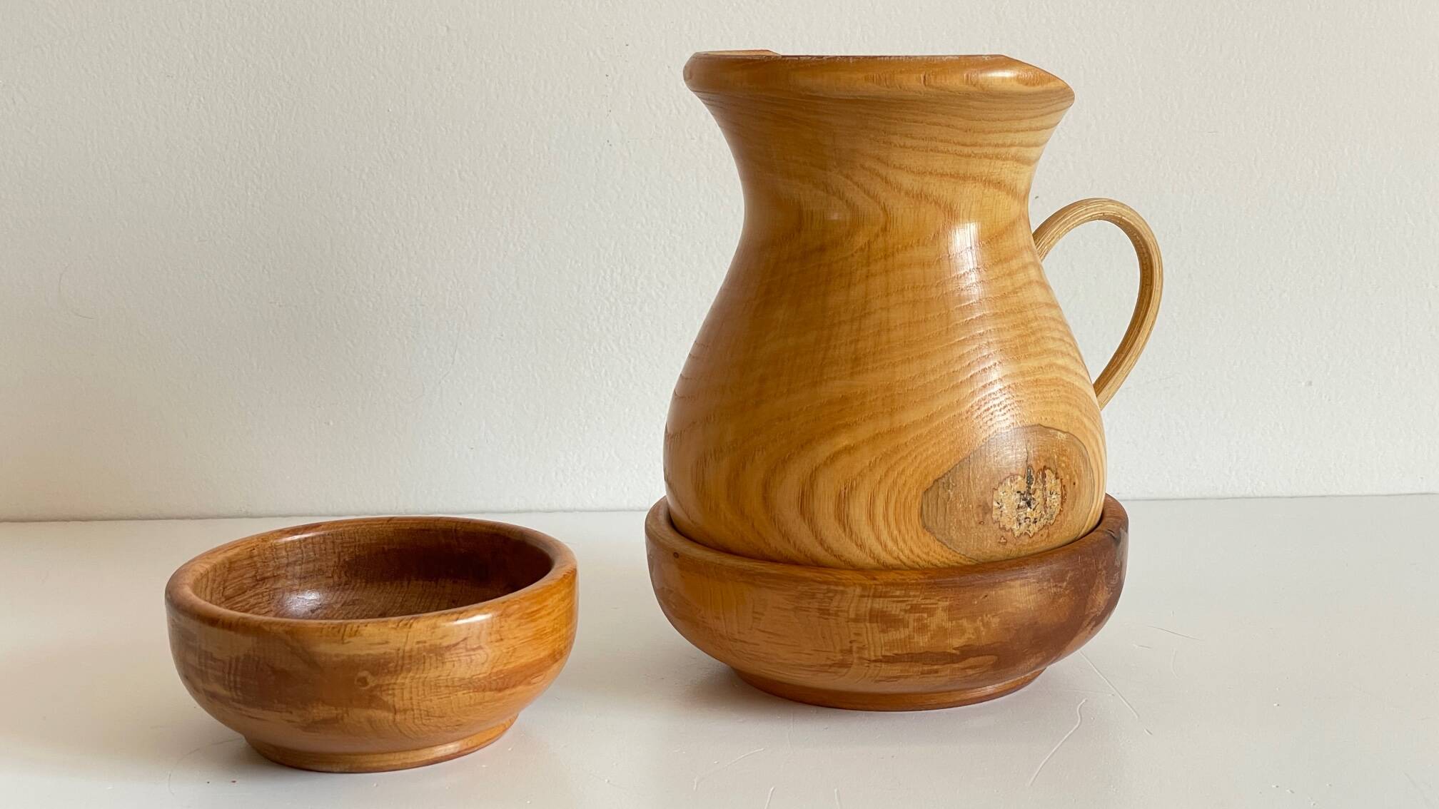 Vintage turned wood pitcher and 2 jars set