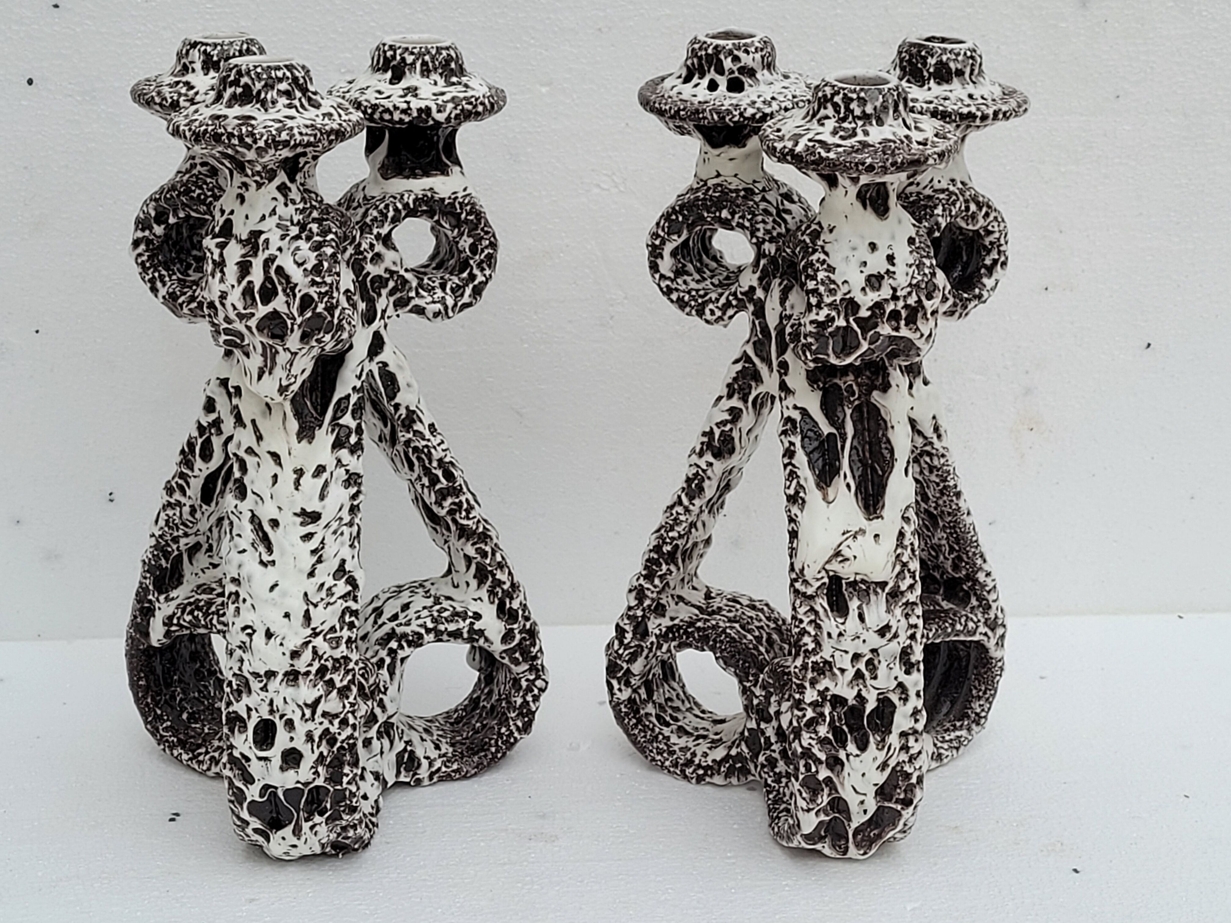 Pair of three-burner candelabra candlesticks by Marius Giuge glazed ceramic Vallauris 1950