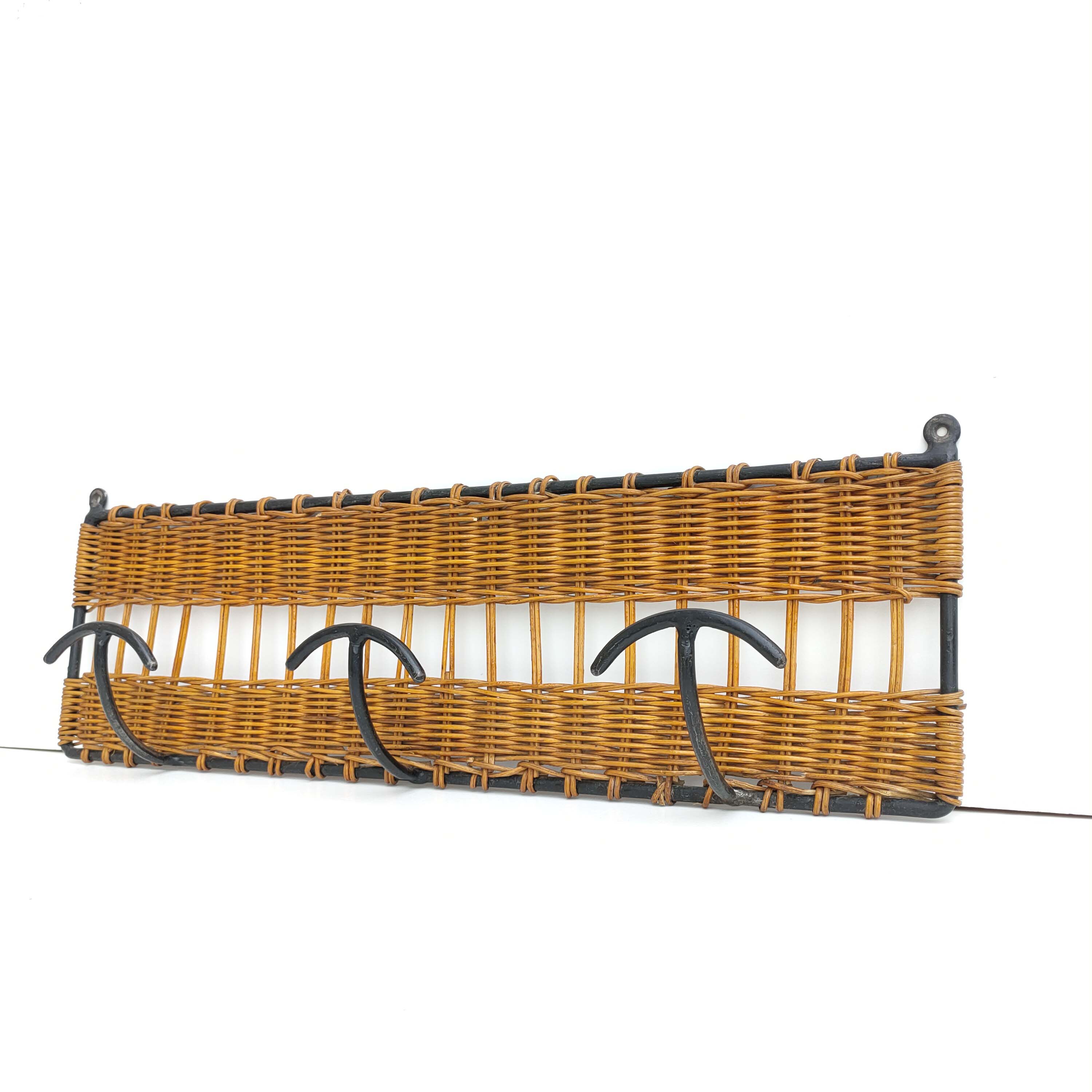 Wall-mounted coat rack with 3 patères in iron and rattan 60s