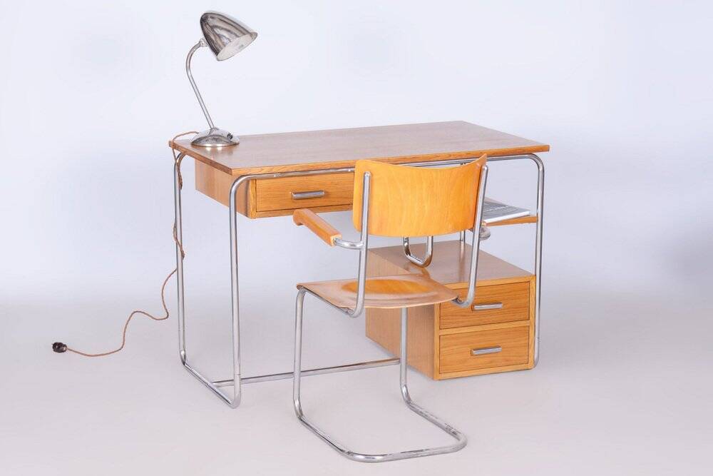 Bauhaus Writing Desk in Oak, Chrome-Plated Steel, Germany, 1930s