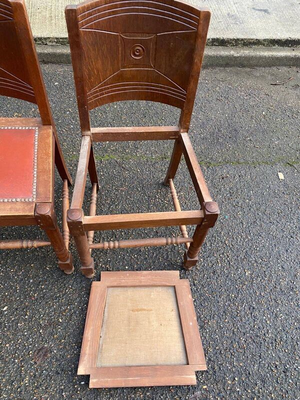 4 chaises gondoles art déco en bois massif chêne cuir skaï bordeaux 1930