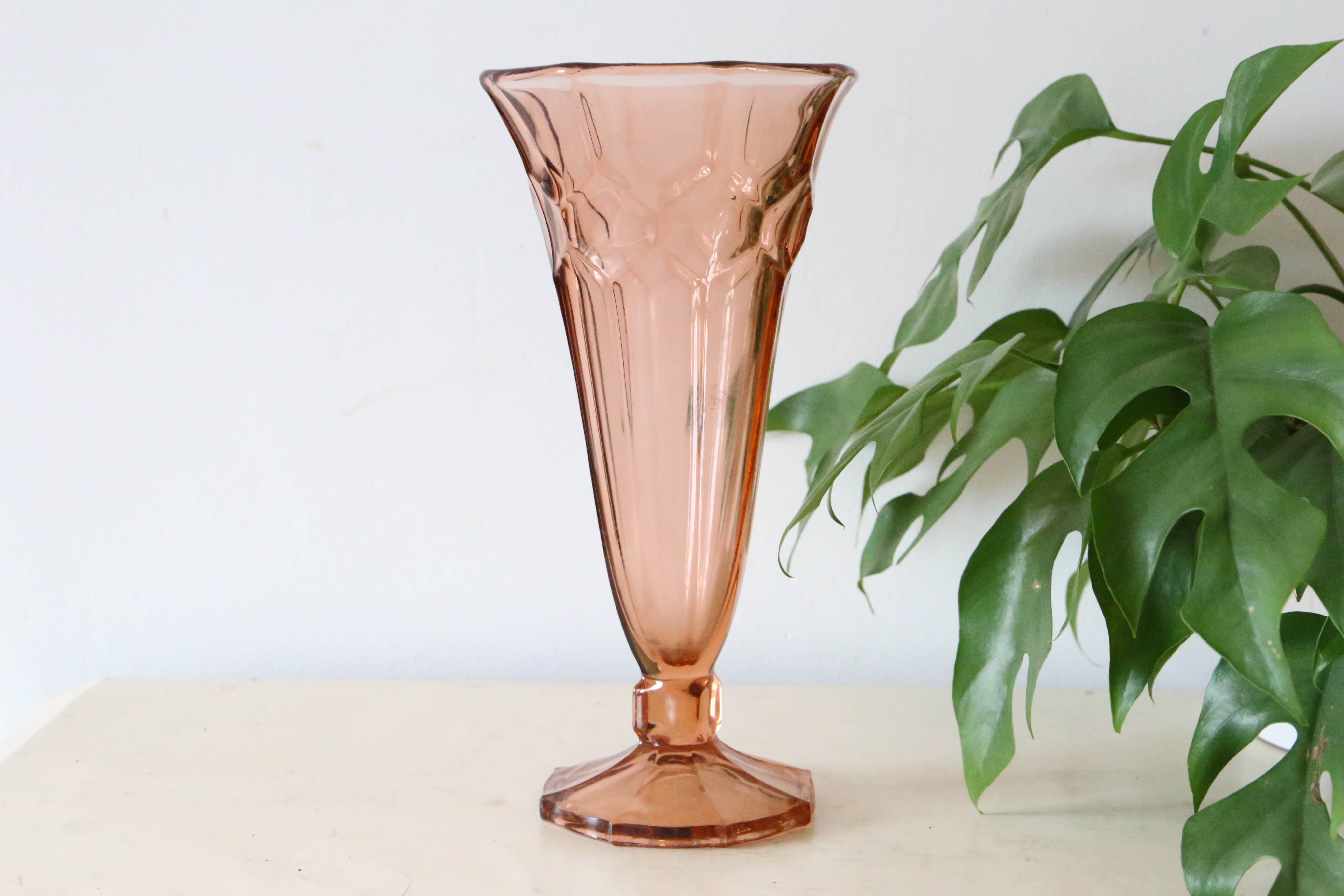 Large antique pink glass vase, molded glass, vintage French, authentic