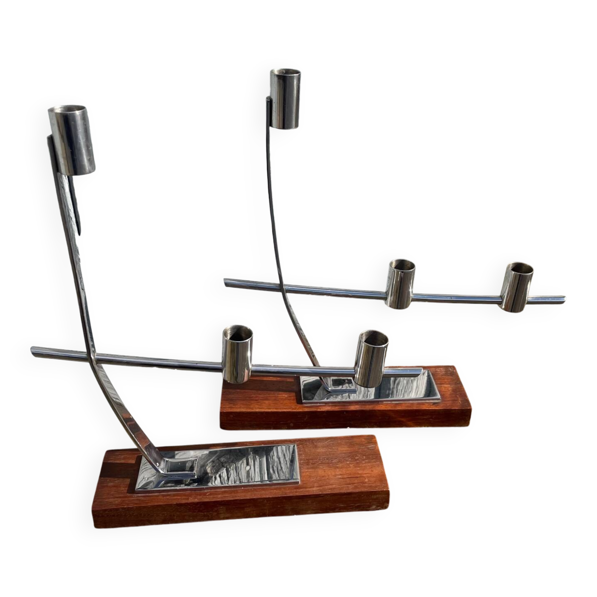 Deux Bougeoir en acier inoxydable et bois