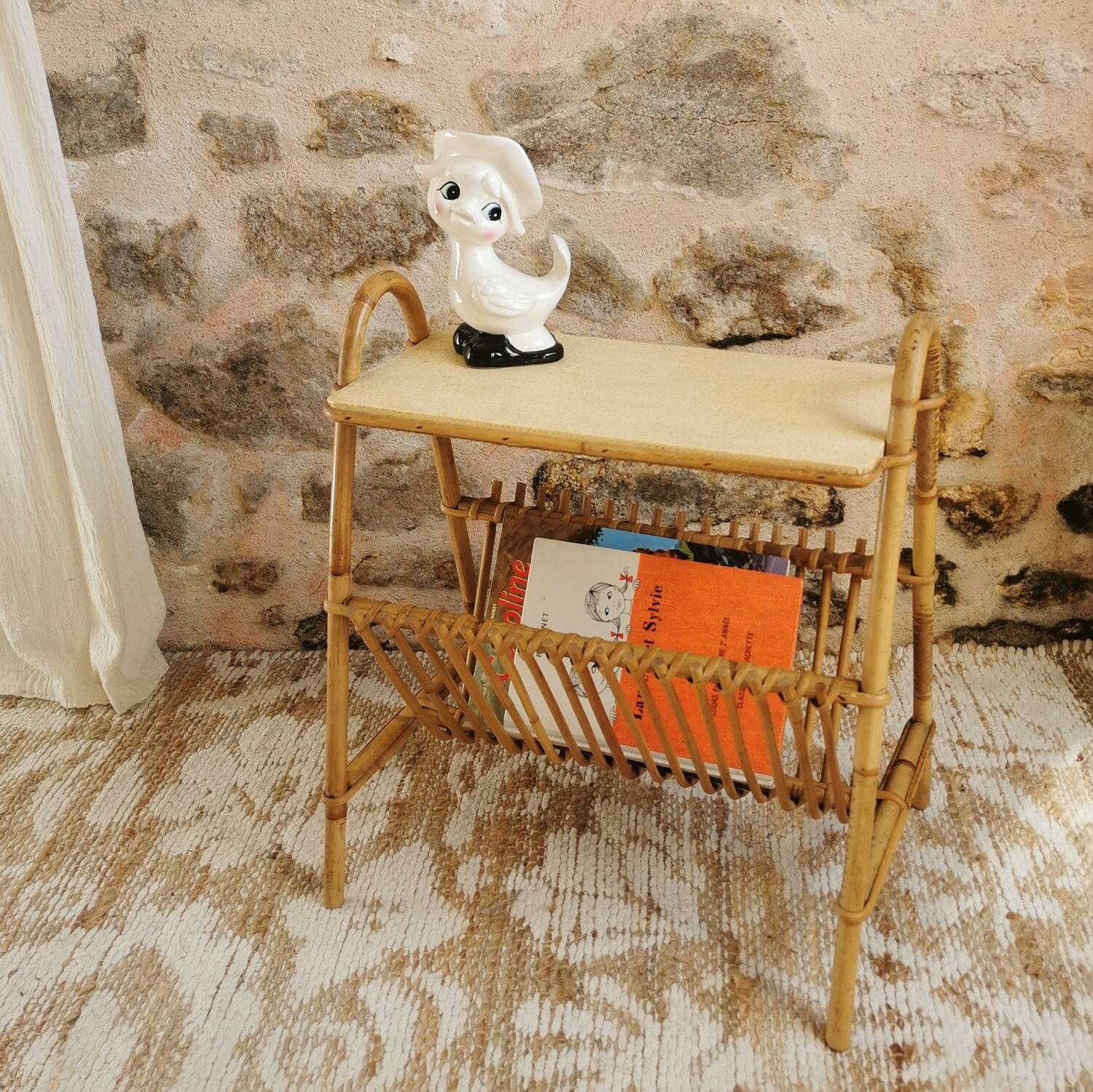 Rattan magazine rack, vintage side table