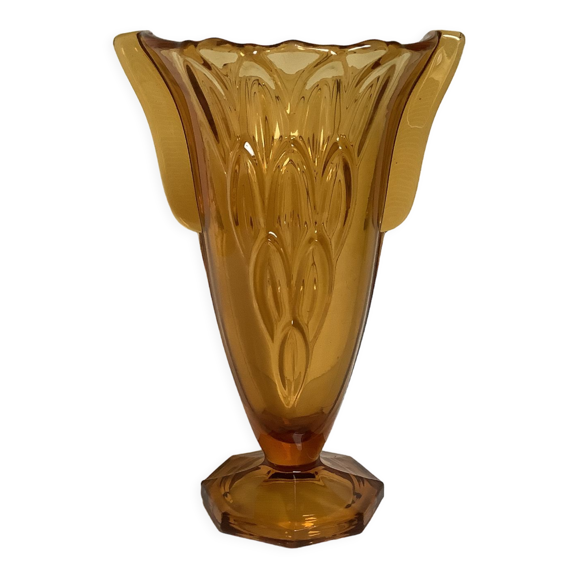Old vase handles butterfly wings molded glass yellow art deco