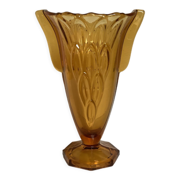 Antique vase with butterfly wing handles, moulded yellow glass, Art Deco.