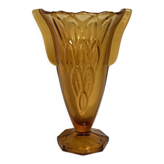 Ancien vase anses ailes de papillons verre moulé jaune art déco