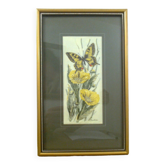 Frame woven embroidered pattern flowers + yellow butterfly, Woven Picture brand