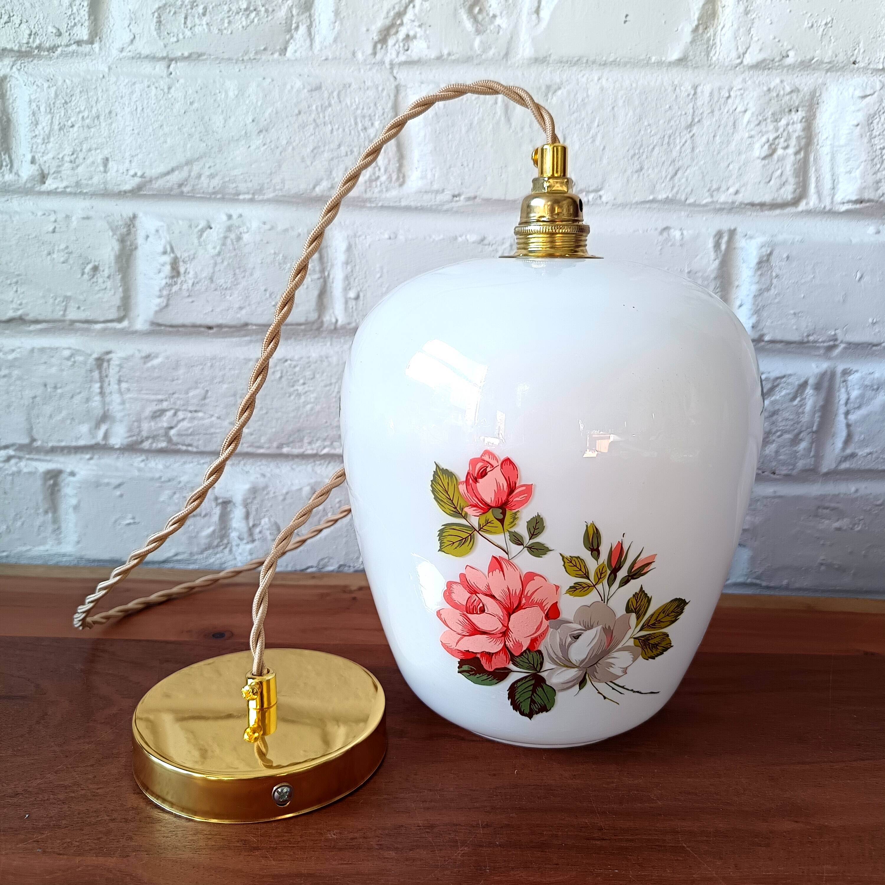 Vintage opaline glass pendant light, pink and white floral pattern, 1960s
