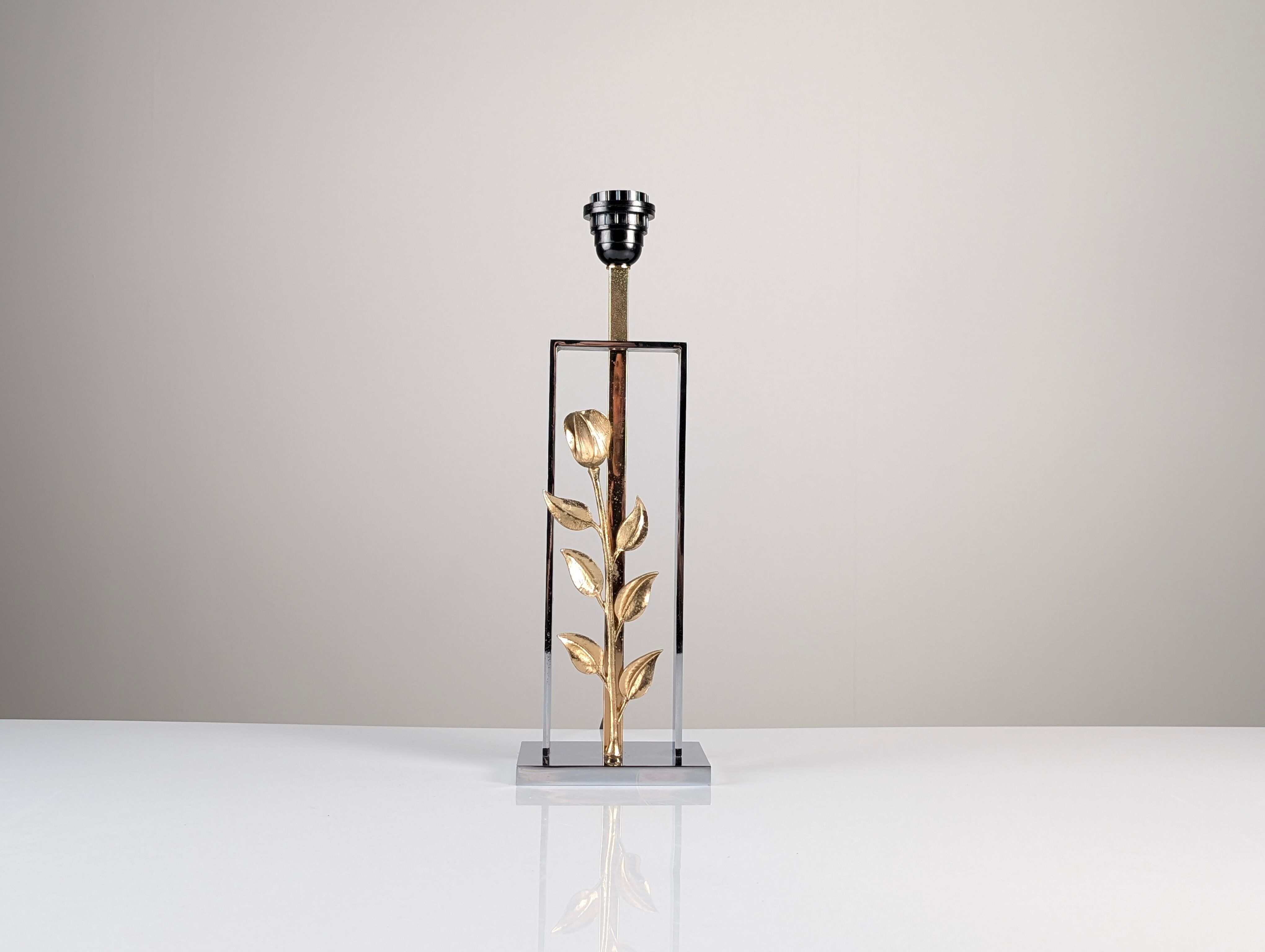 Maison Charles table lamp in chrome and gilt bronze with rose, France, 1970s