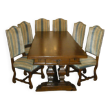 Extendable cabinetmaker's table in solid oak and 6 fabric chairs