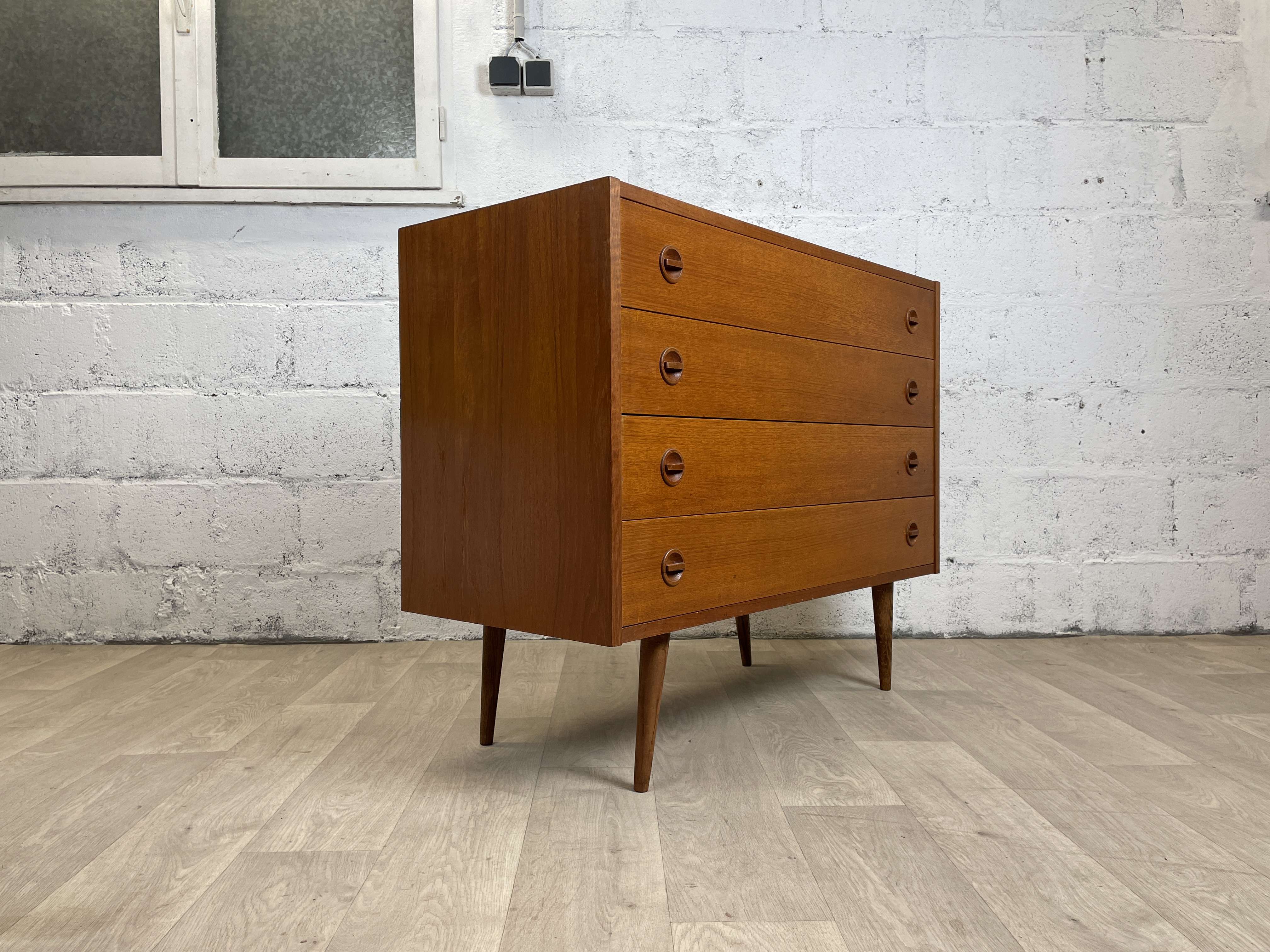 Wide chest of drawers 4 drawers scandinavian vintage teak, 60s