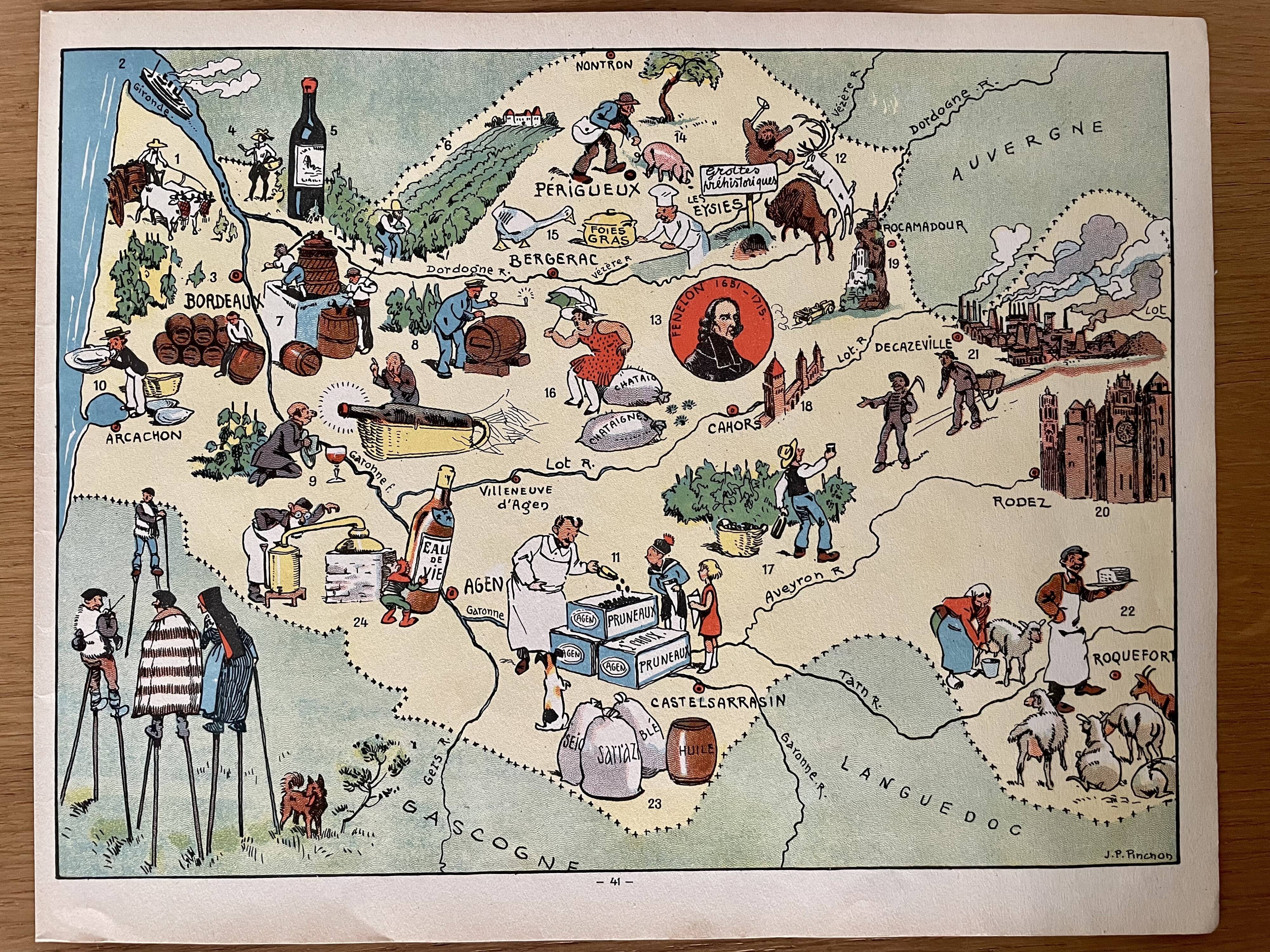 Affiche ancienne carte illustrée de la guyenne gironde dordogne lot aveyron 1929 - jp pinchon