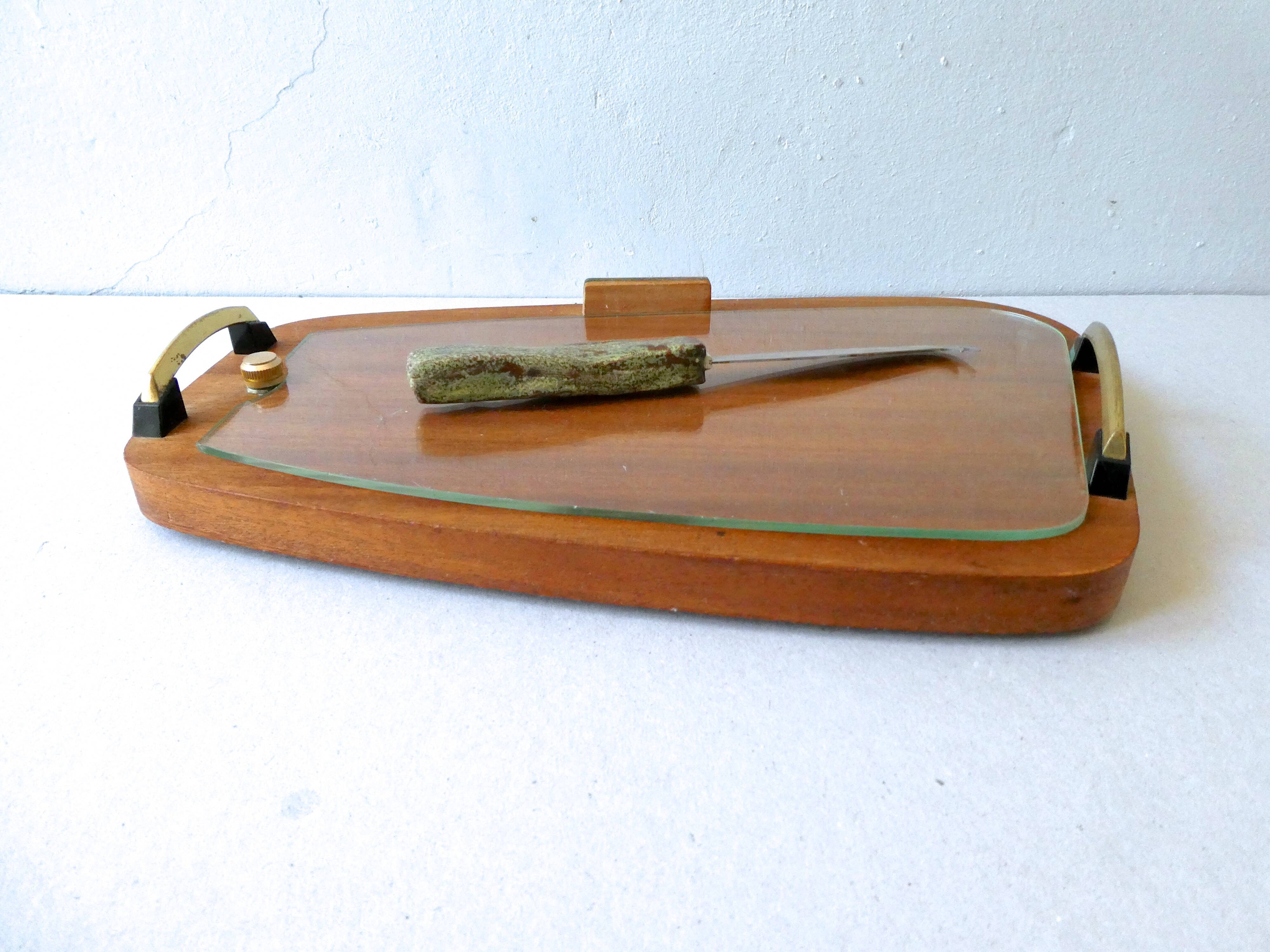 Teak and glass cheese platter, Scandinavian, 60s