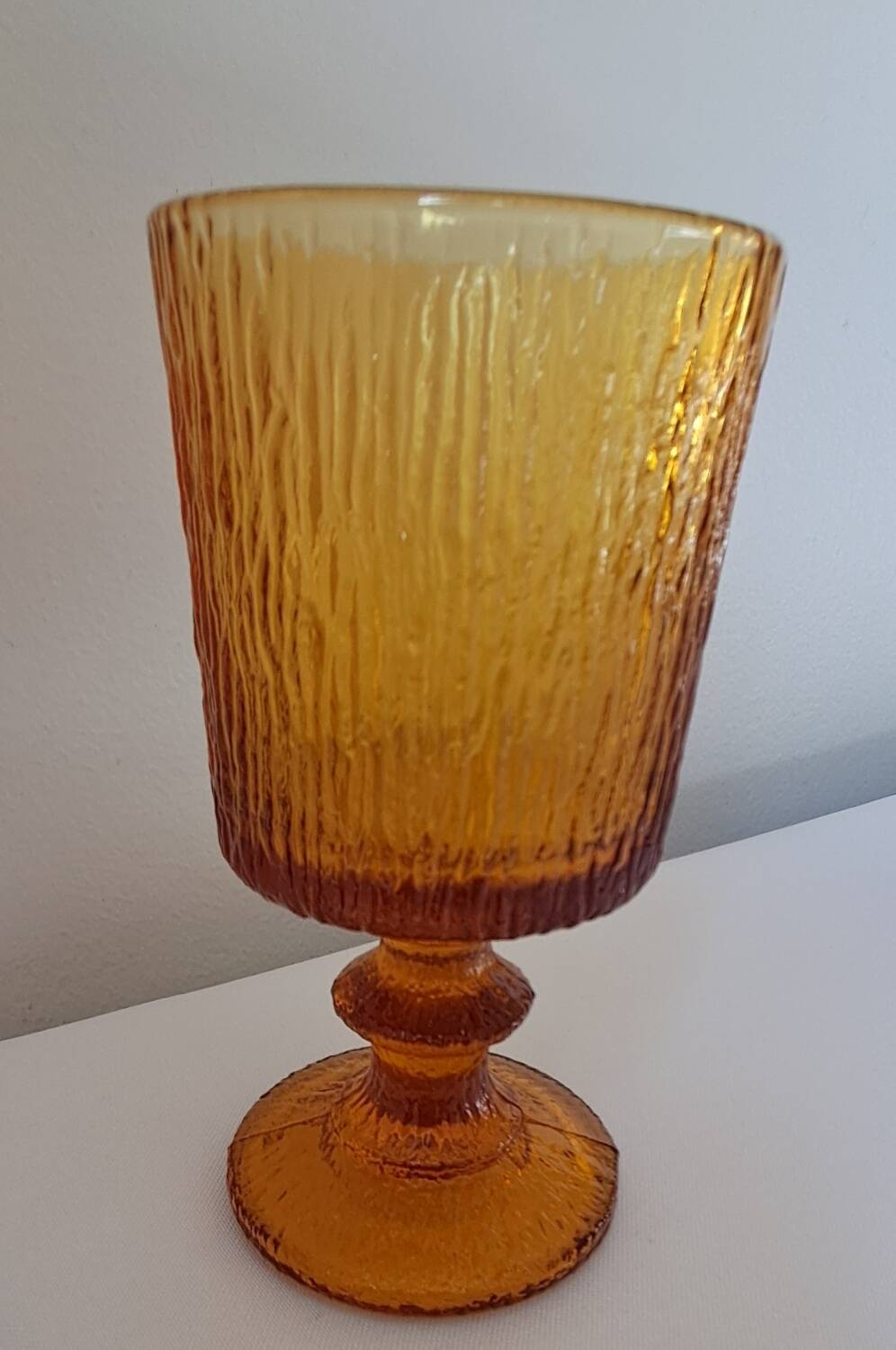 3 textured amber stemmed glasses. Vintage.