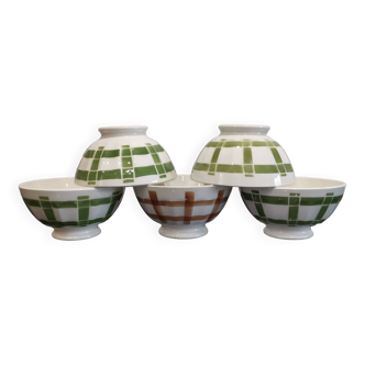 Set of 5 Moulin des Loups earthenware bowls, green and brown tea towel model