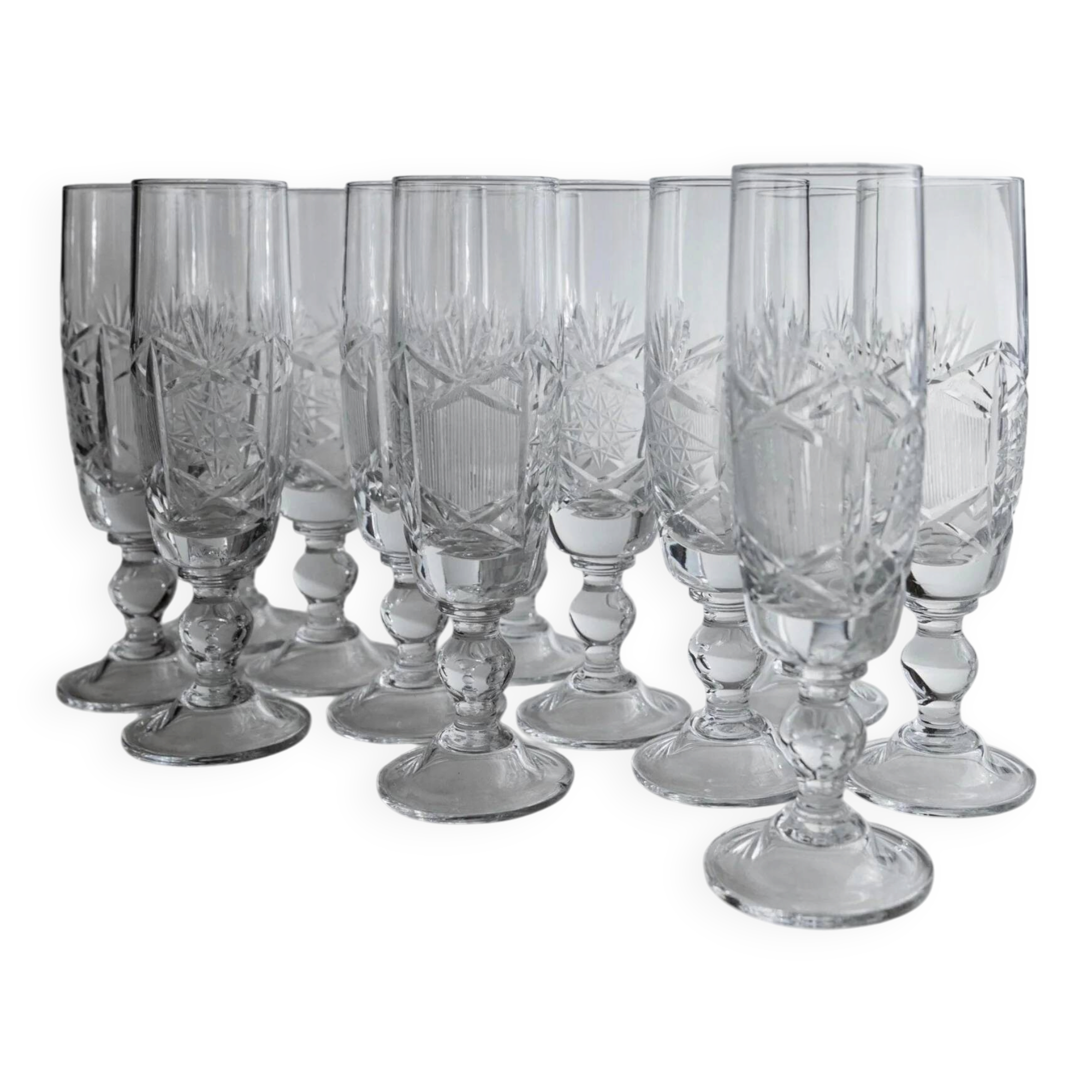 Lot of 12 vintage crystal champagne flutes, Italy 1970s.