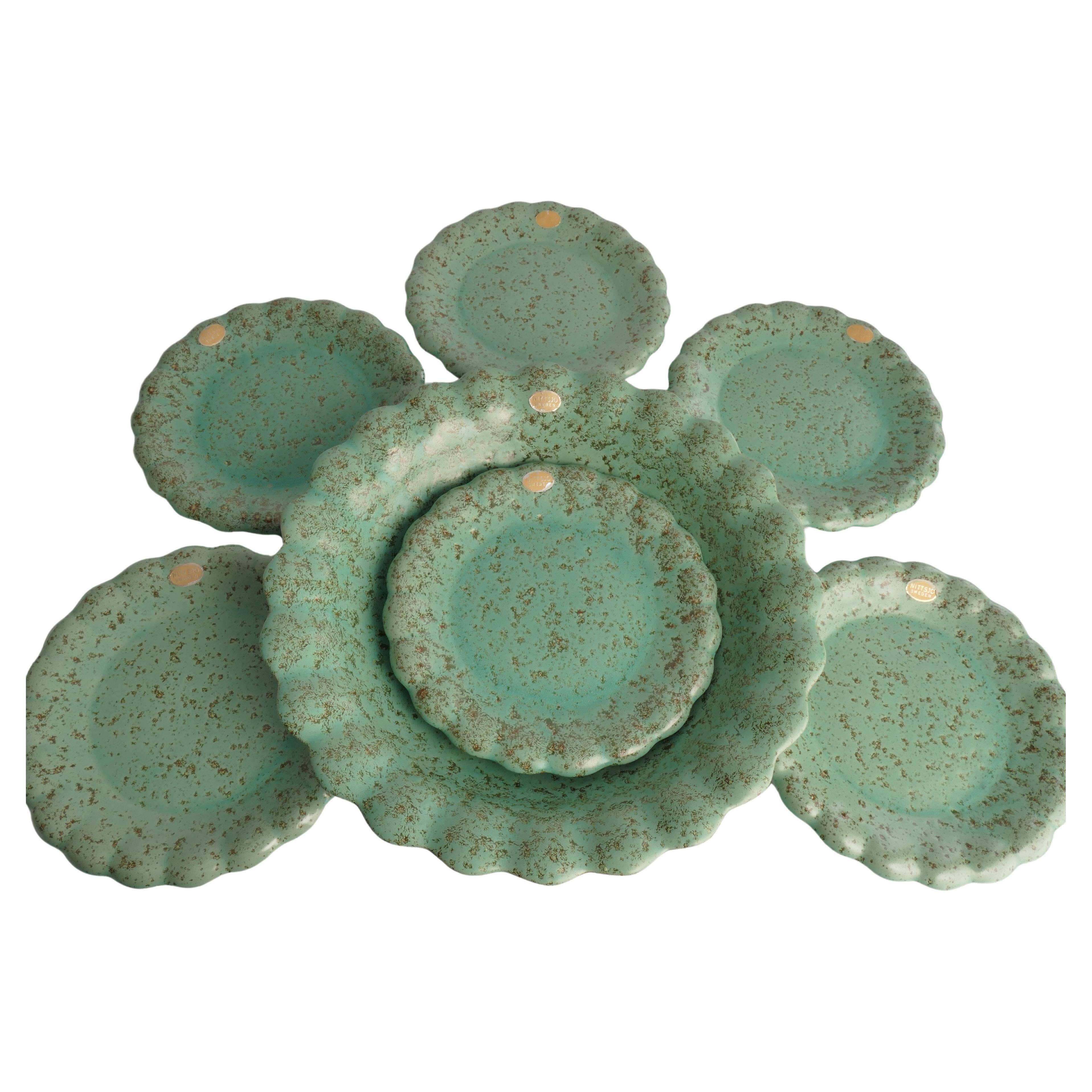 Celadon Green Earthenware Bowl & Plates, Nittsjö, Sweden, 1960s