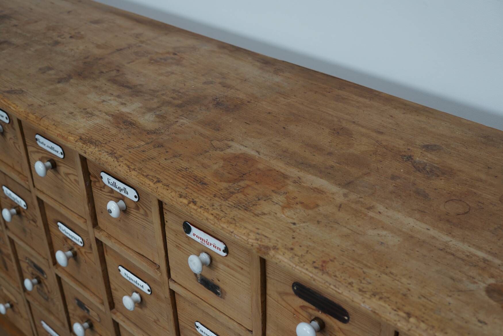 Antique German Pine Apothecary Cabinet with Enamel Shields, 1900s