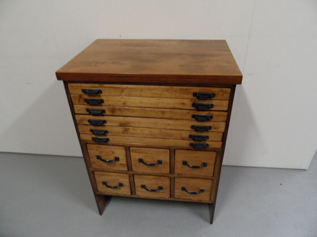 Industrial Dutch pine work bench with drawers