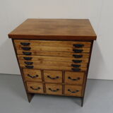 Industrial Dutch pine work bench with drawers