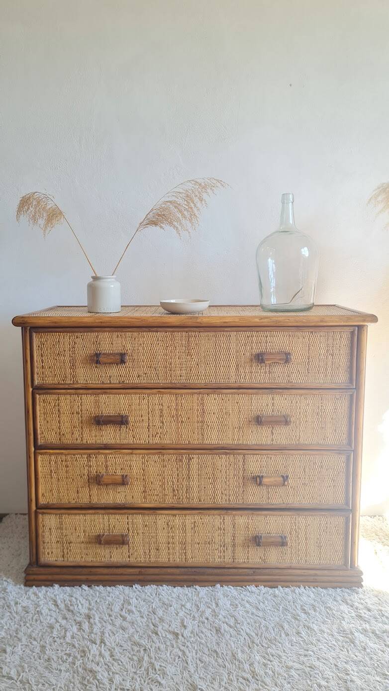 Vintage rattan chest of drawers from the 1970s.