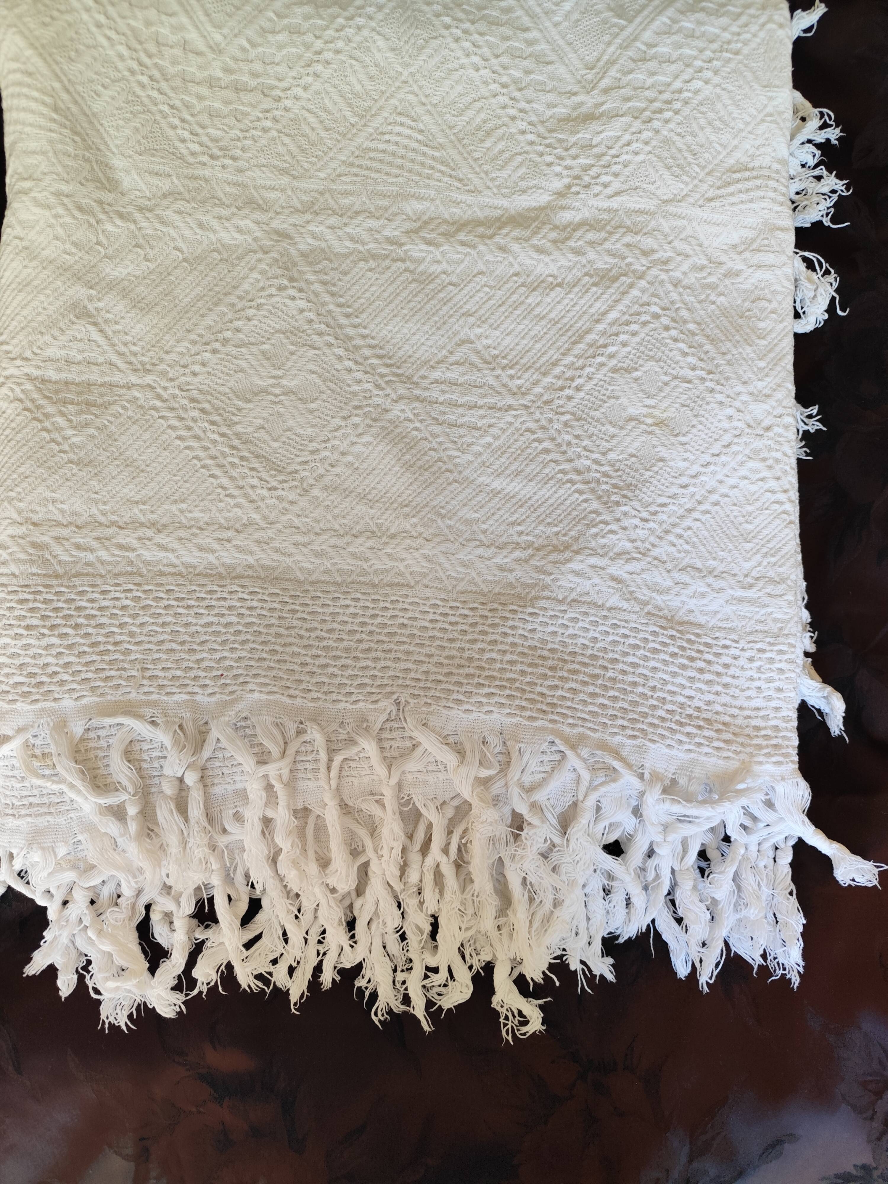 White cotton bedspread, vintage woven cotton bed throw.