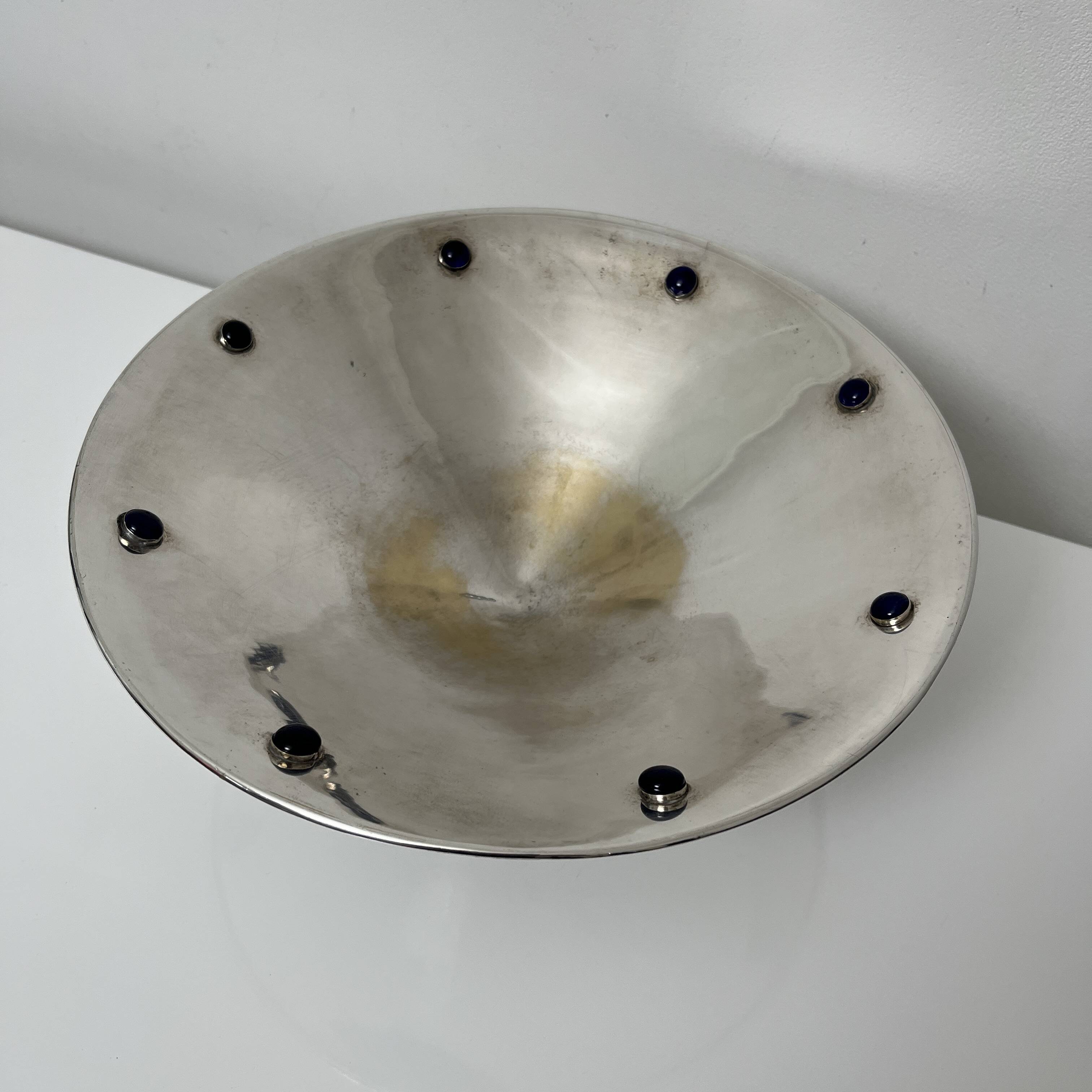Fruit bowl centerpiece silver metal cabochon