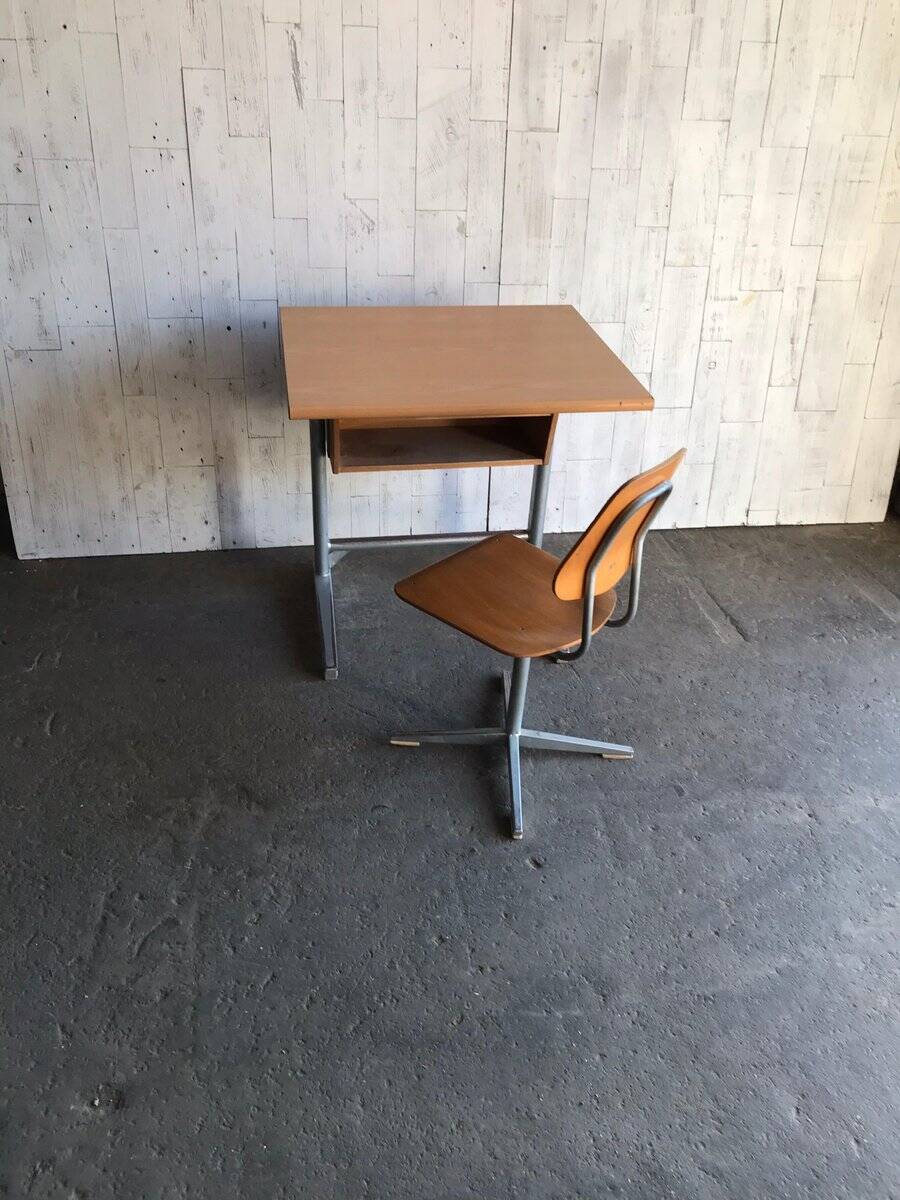 Embru 1960s desk and school chair set in brown wood and grey metal — set of 2