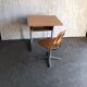 Embru 1960s desk and school chair set in brown wood and grey metal — set of 2