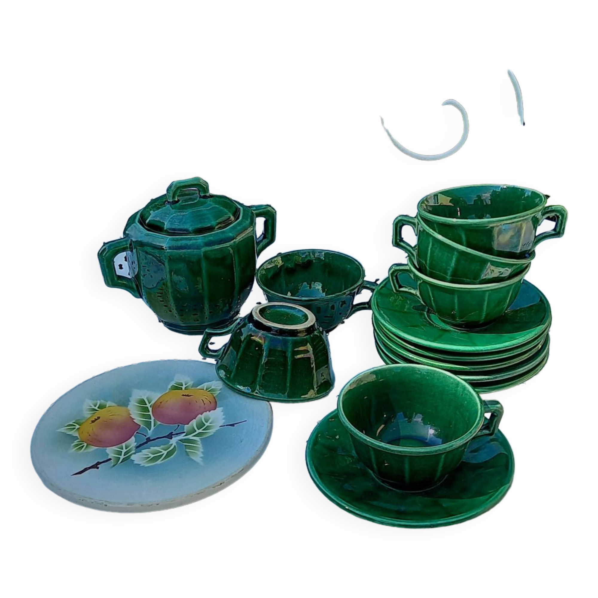 Iridescent green tea or coffee service in Lunéville K&G earthenware. 6 cups and an Art Deco sugar bowl