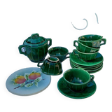 Iridescent green tea or coffee service in Lunéville K&G earthenware. 6 cups and an Art Deco sugar bowl