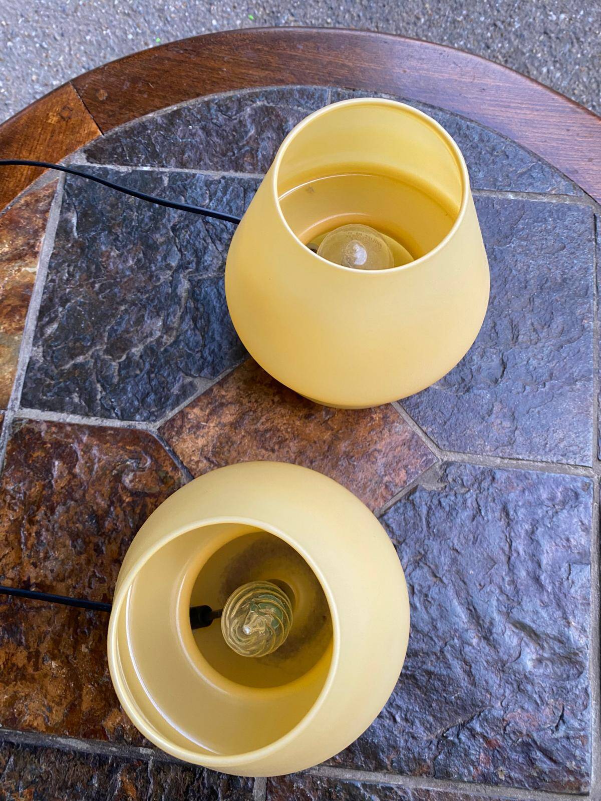 Pair of vintage yellow glass mushroom lamps SCE France