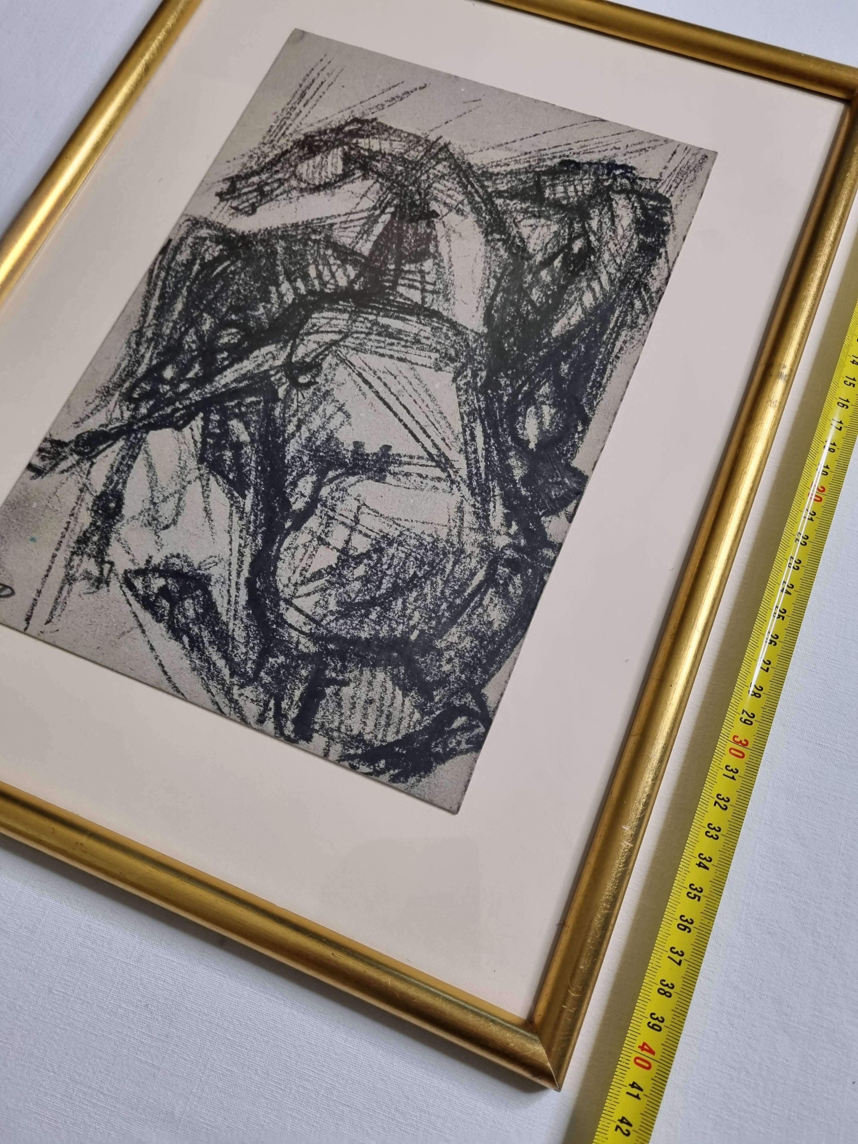 Preparatory study, charcoal sketch by Maurice de Bus – Gilded frame, 32 x 42 cm