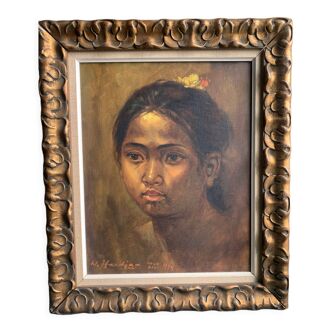 Huile sur toile portrait jeune fille balinaise , Vietnam