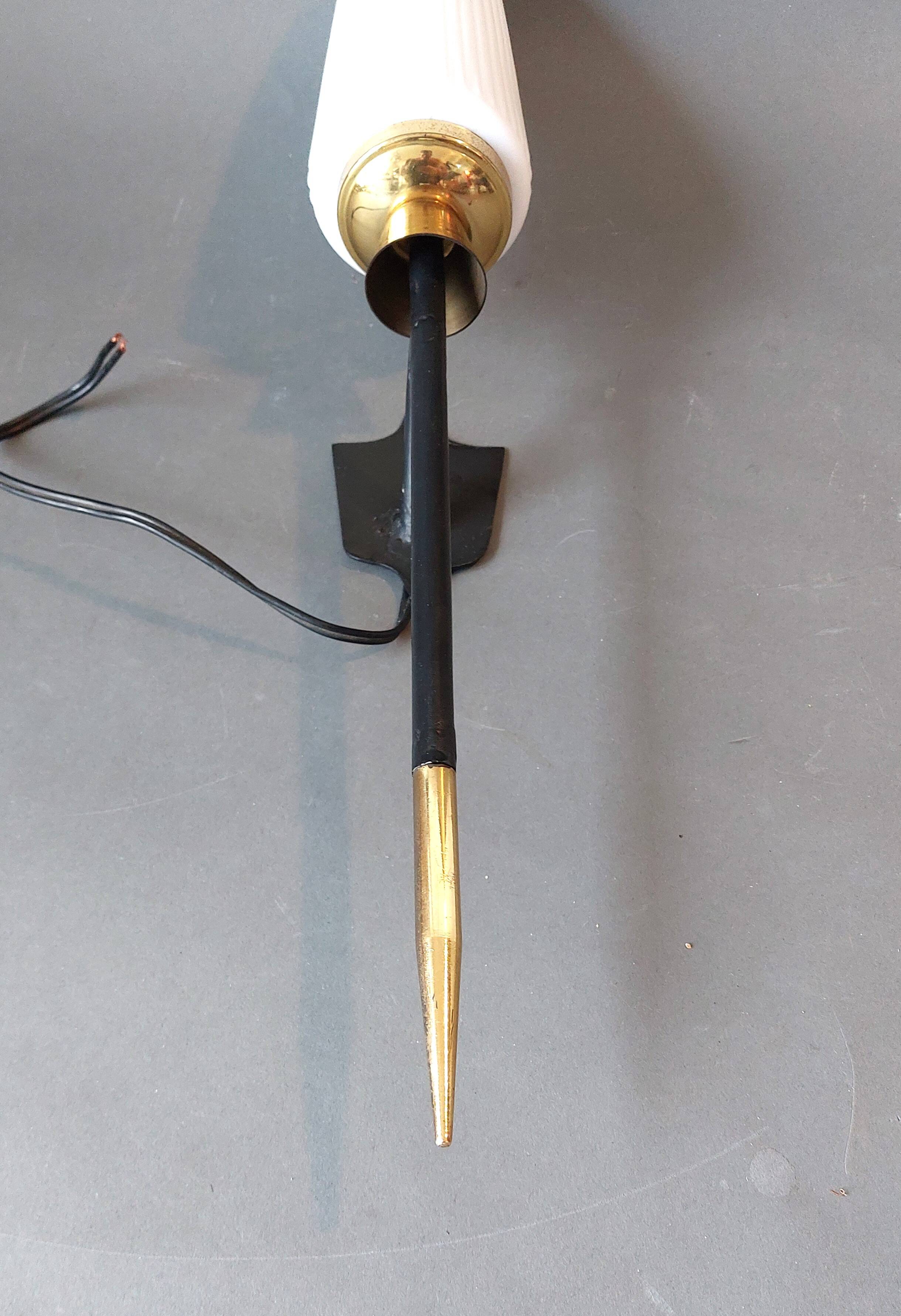 Large 1960 torchiere wall light in black metal, gilded brass and vintage white opaline.
