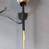 Large 1960 torchiere wall light in black metal, gilded brass and vintage white opaline.